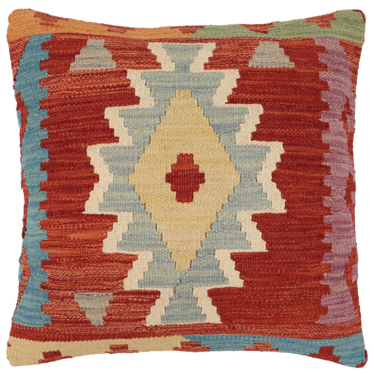 handmade Traditional Pillow Rust Blue Hand-Woven SQUARE 100% WOOL Hand woven turkish pillow2' x 2'