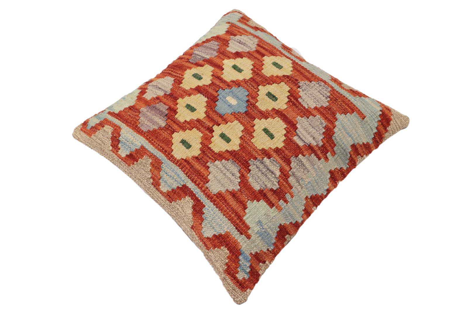 handmade Traditional Pillow Rust Blue Hand-Woven SQUARE 100% WOOL Hand woven turkish pillow2' x 2'