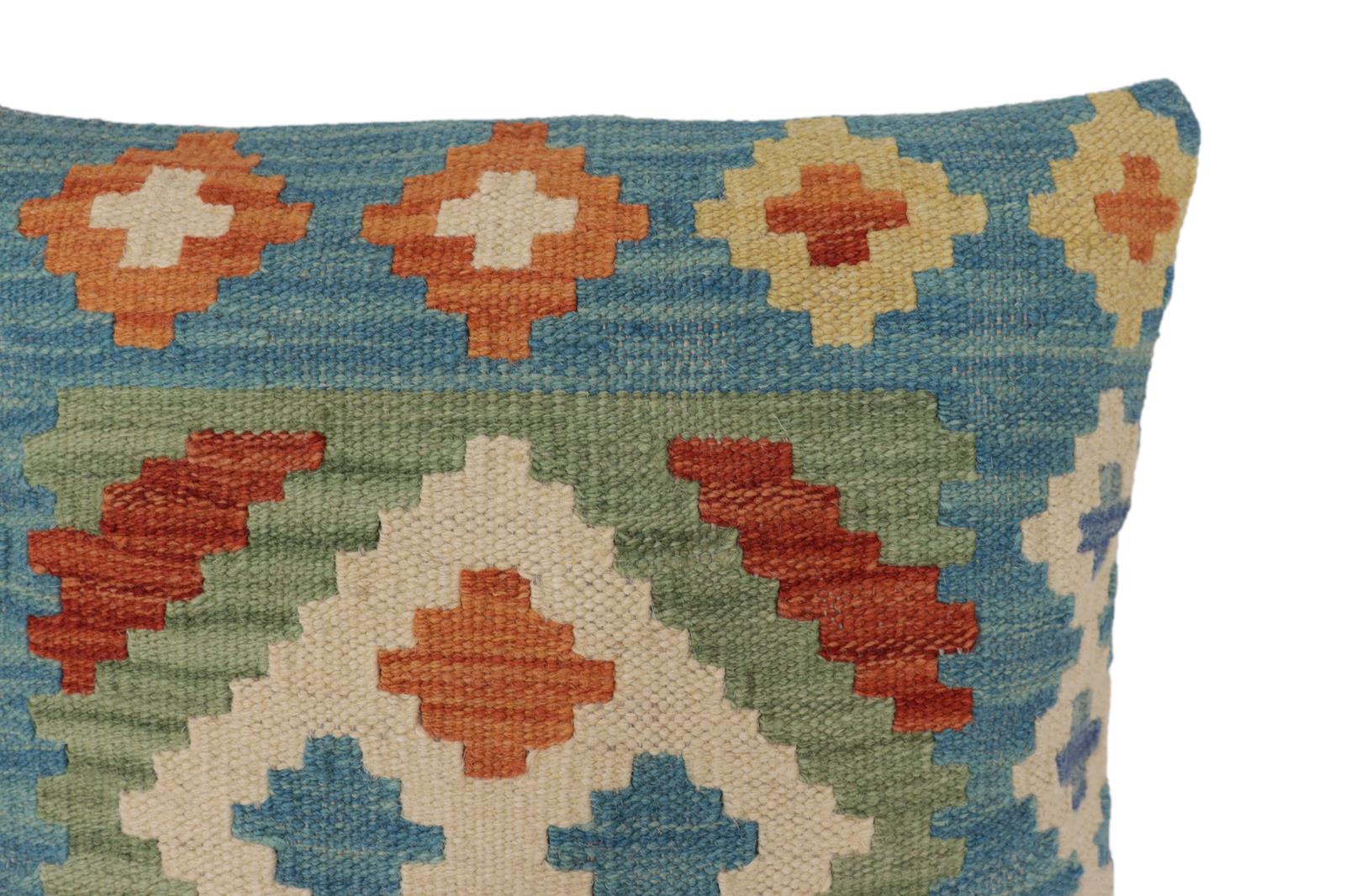 handmade Traditional Pillow Blue Rust Hand-Woven SQUARE 100% WOOL Hand woven turkish pillow2' x 2'