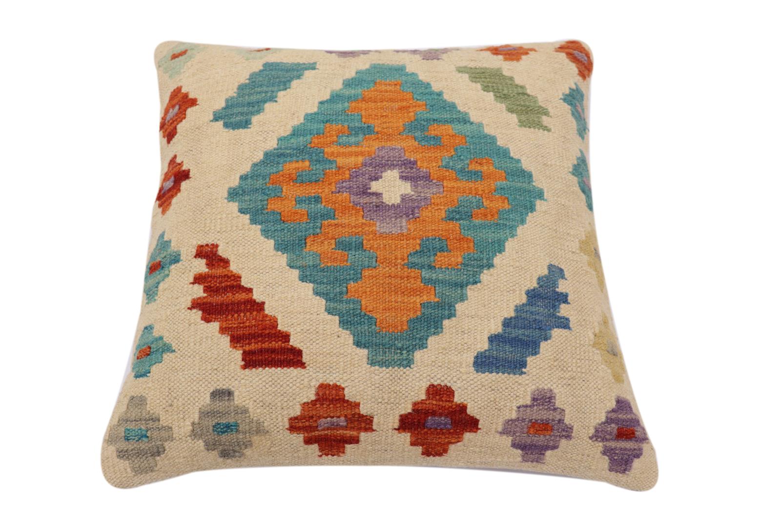 handmade Traditional Pillow Beige Blue Hand-Woven SQUARE 100% WOOL Hand woven turkish pillow2' x 2'