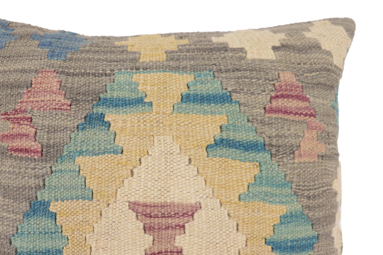 handmade Traditional Pillow Gray Blue Hand-Woven SQUARE 100% WOOL  Hand woven turkish pillow  2 x 2