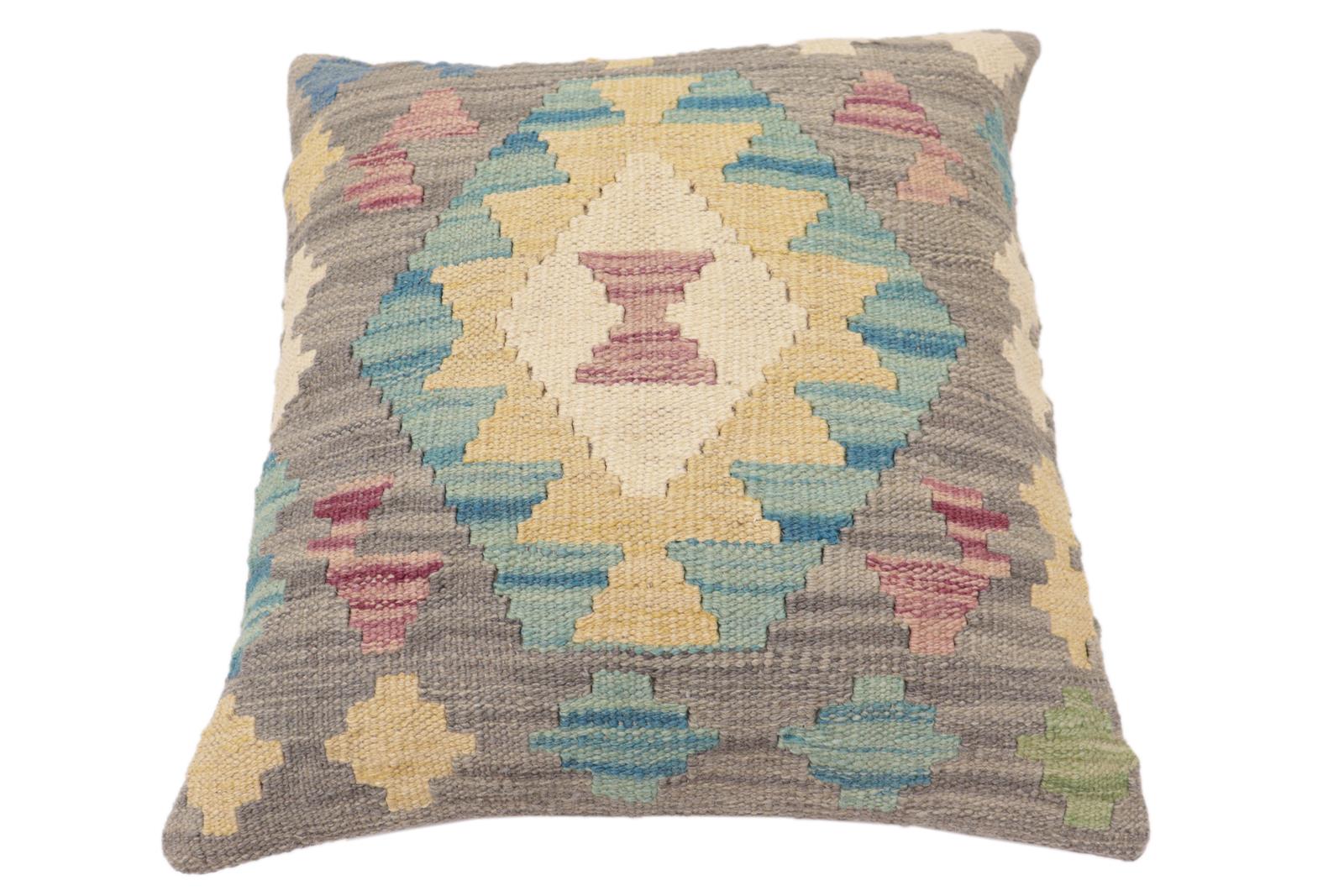 handmade Traditional Pillow Gray Blue Hand-Woven SQUARE 100% WOOL  Hand woven turkish pillow  2 x 2