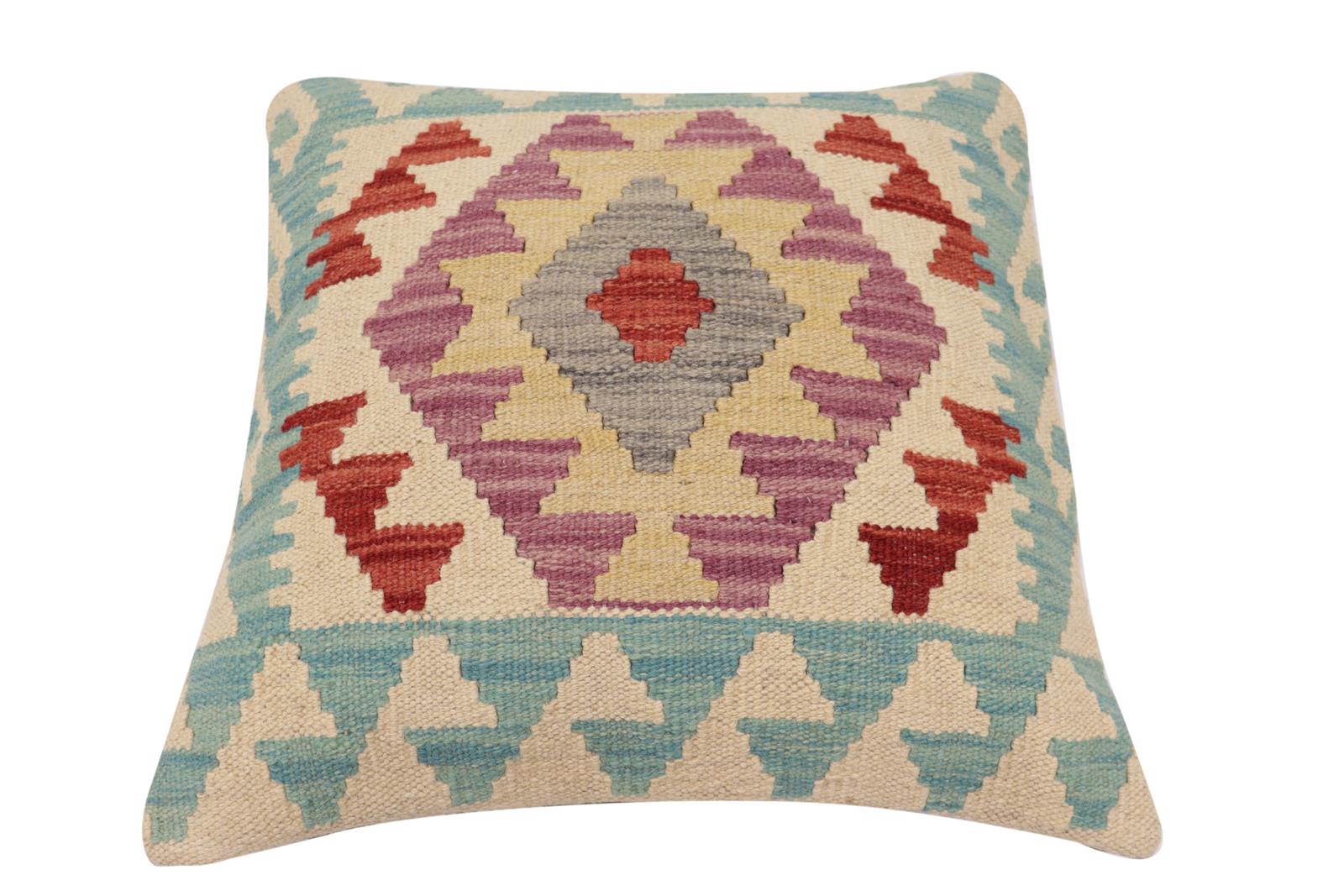 handmade Traditional Pillow Blue Red Hand-Woven SQUARE 100% WOOL Hand woven turkish pillow2' x 2'