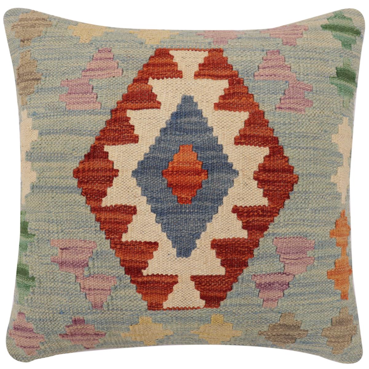 handmade Traditional Pillow Blue Rust Hand-Woven SQUARE 100% WOOL  Hand woven turkish pillow  2 x 2