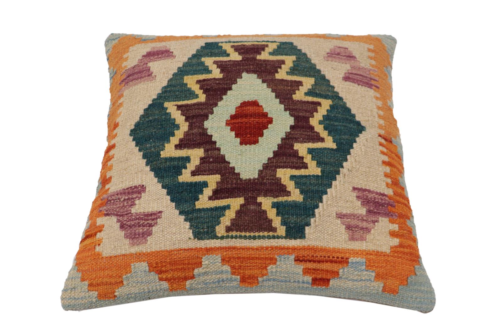 handmade Traditional Pillow Blue Rust Hand-Woven SQUARE 100% WOOL Hand woven turkish pillow2' x 2'