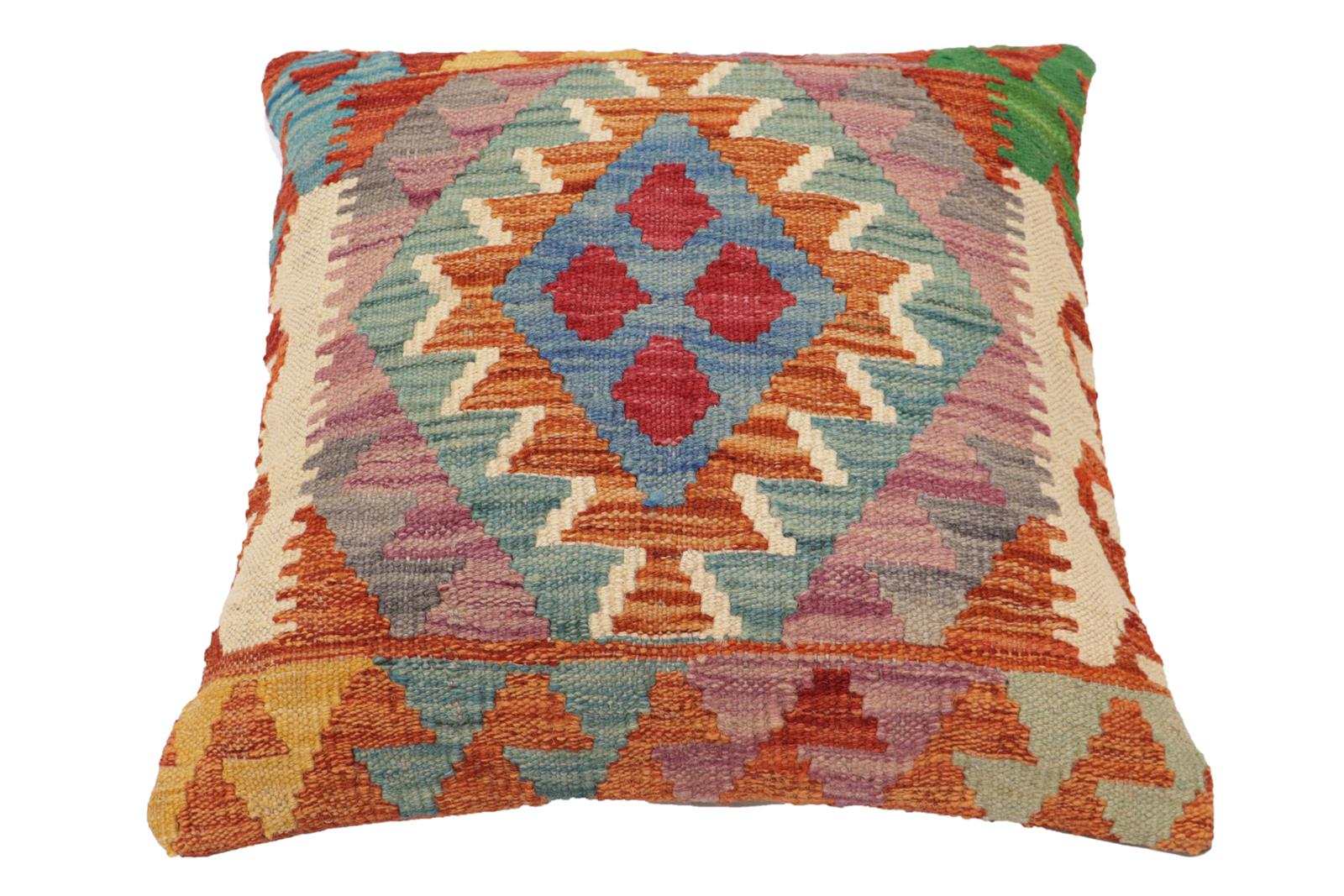 handmade Traditional Pillow Rust Blue Hand-Woven SQUARE 100% WOOL Hand woven turkish pillow2' x 2'