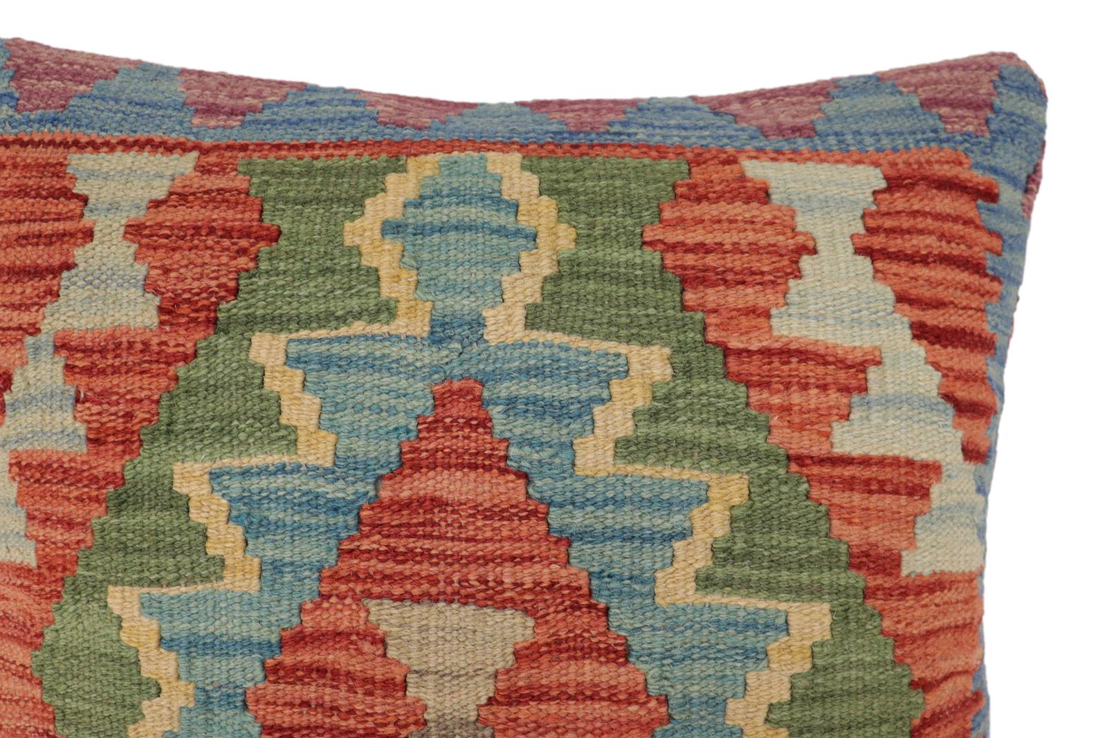 handmade Traditional Pillow Blue Rust Hand-Woven SQUARE 100% WOOL Hand woven turkish pillow2' x 2'