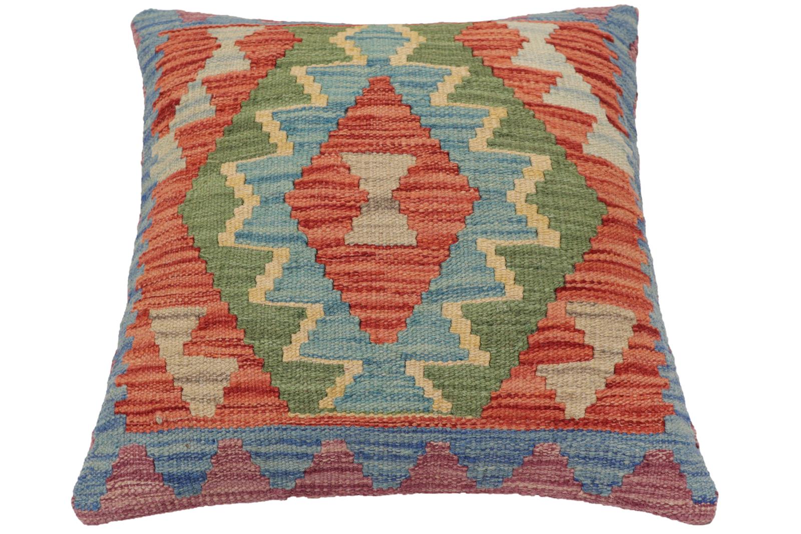 handmade Traditional Pillow Blue Rust Hand-Woven SQUARE 100% WOOL Hand woven turkish pillow2' x 2'