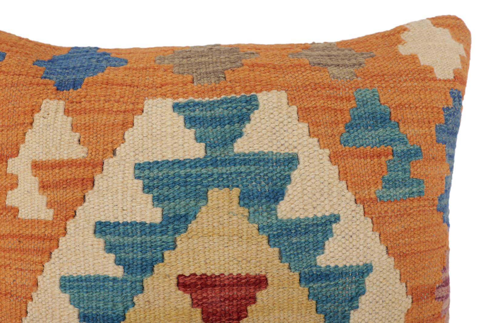 handmade Traditional Pillow Orange Blue Hand-Woven SQUARE 100% WOOL  Hand woven turkish pillow  2 x 2