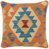 handmade Traditional Pillow Orange Blue Hand-Woven SQUARE 100% WOOL Hand woven turkish pillow 2 x 2