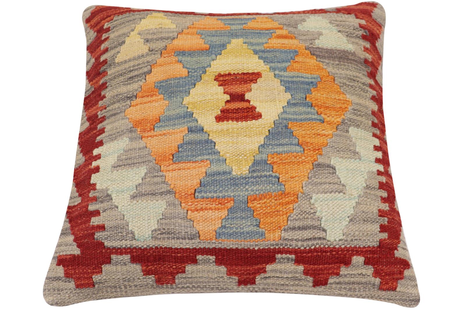 handmade Traditional Pillow Rust Blue Hand-Woven SQUARE 100% WOOL  Hand woven turkish pillow  2 x 2