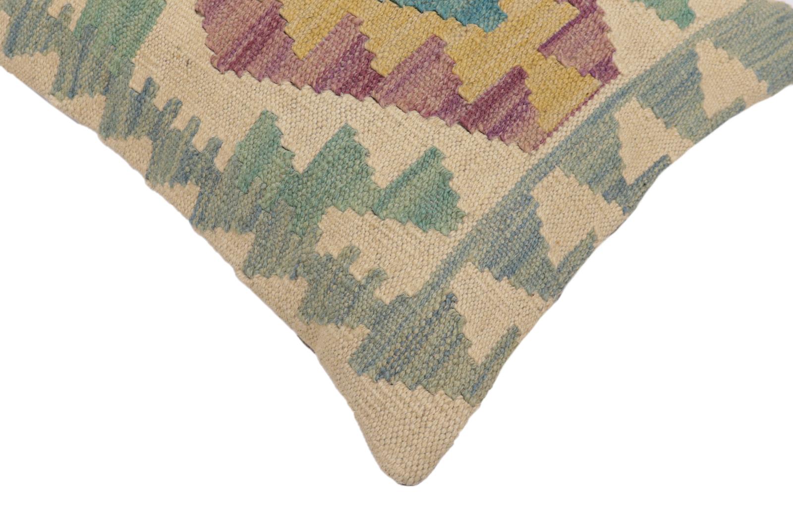 handmade Traditional Pillow Beige Blue Hand-Woven SQUARE 100% WOOL  Hand woven turkish pillow  2 x 2
