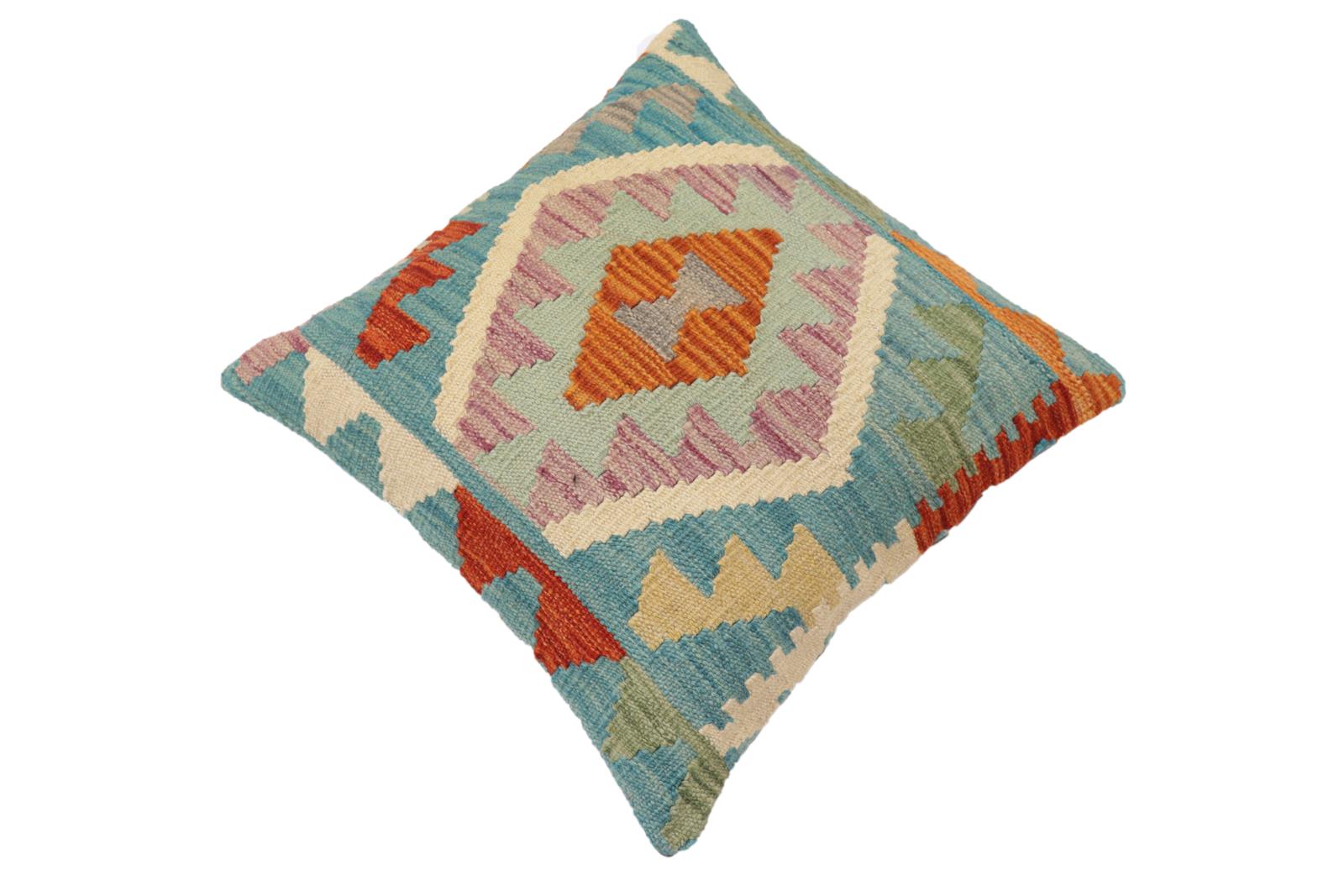 handmade Traditional Pillow Blue Rust Hand-Woven SQUARE 100% WOOL Hand woven turkish pillow2' x 2'