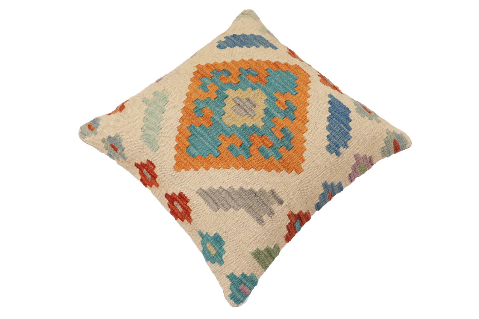 handmade Traditional Pillow Beige Blue Hand-Woven SQUARE 100% WOOL Hand woven turkish pillow2' x 2'