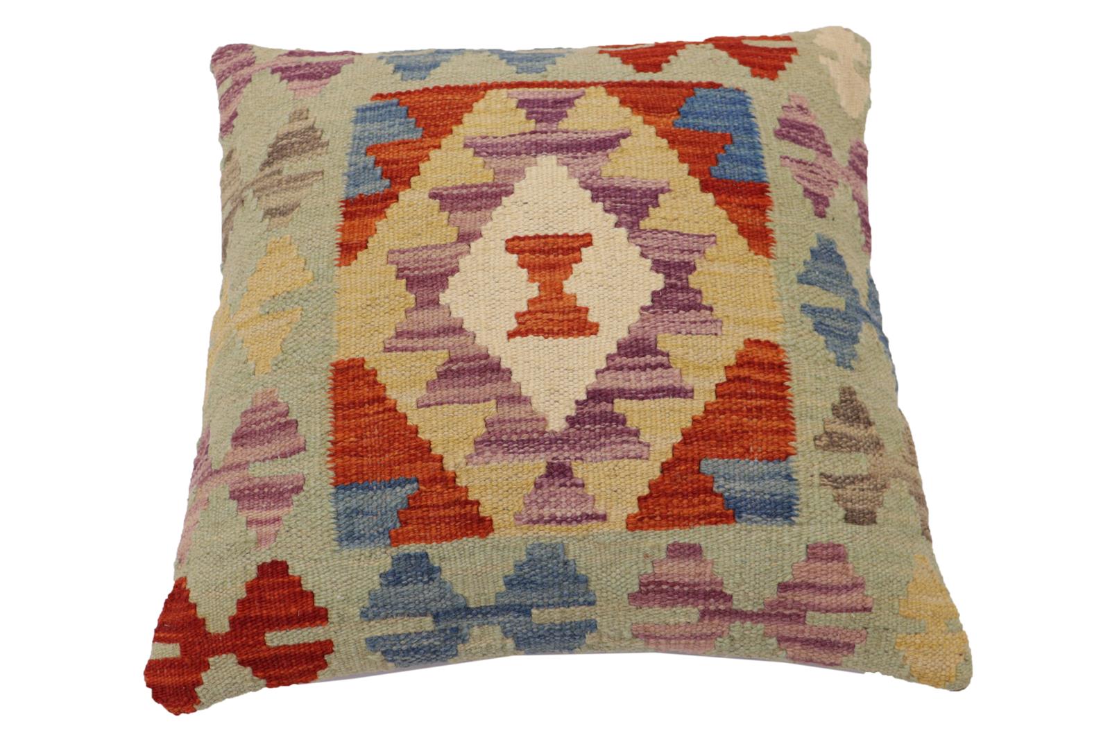 handmade Traditional Pillow Rust Blue Hand-Woven SQUARE 100% WOOL Hand woven turkish pillow2' x 2'