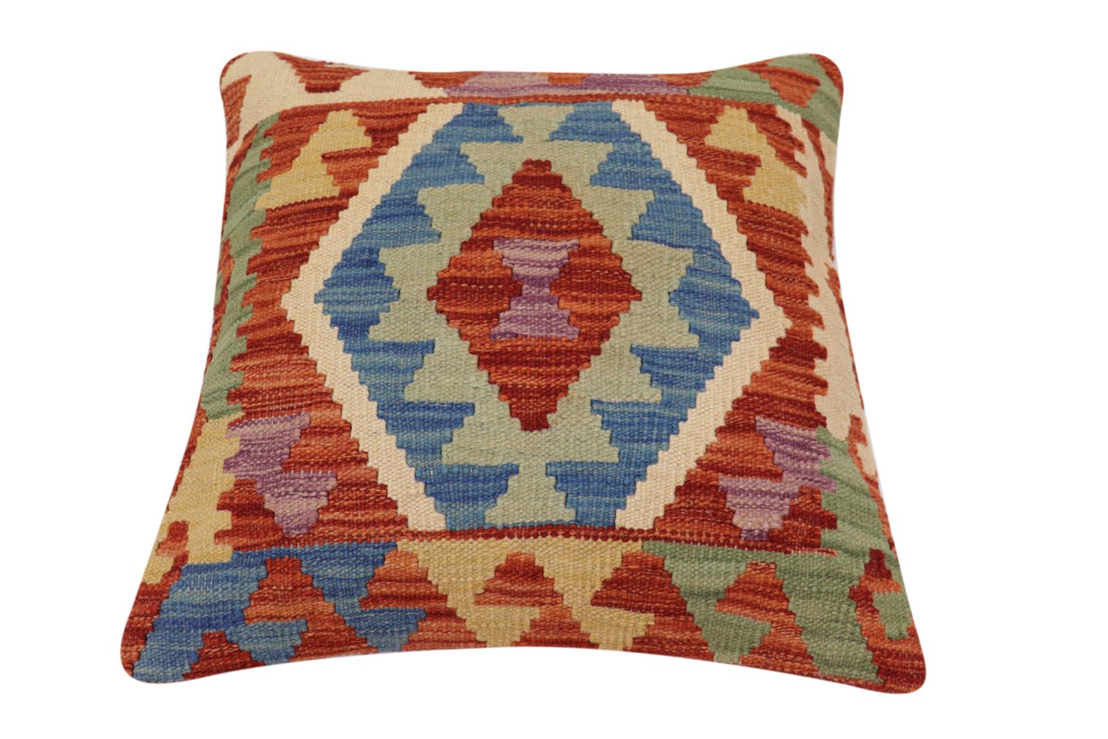 handmade Traditional Pillow Rust Blue Hand-Woven SQUARE 100% WOOL Hand woven turkish pillow2' x 2'