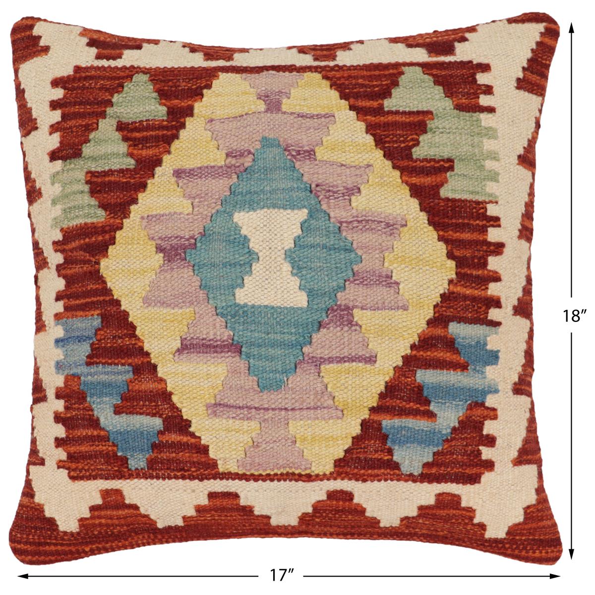 handmade Traditional Pillow Rust Blue Hand-Woven SQUARE 100% WOOL  Hand woven turkish pillow  2 x 2