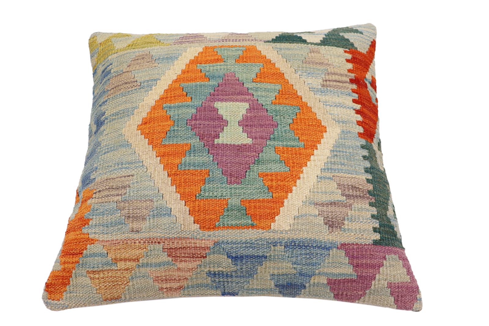 handmade Traditional Pillow Blue Rust Hand-Woven SQUARE 100% WOOL Hand woven turkish pillow2' x 2'