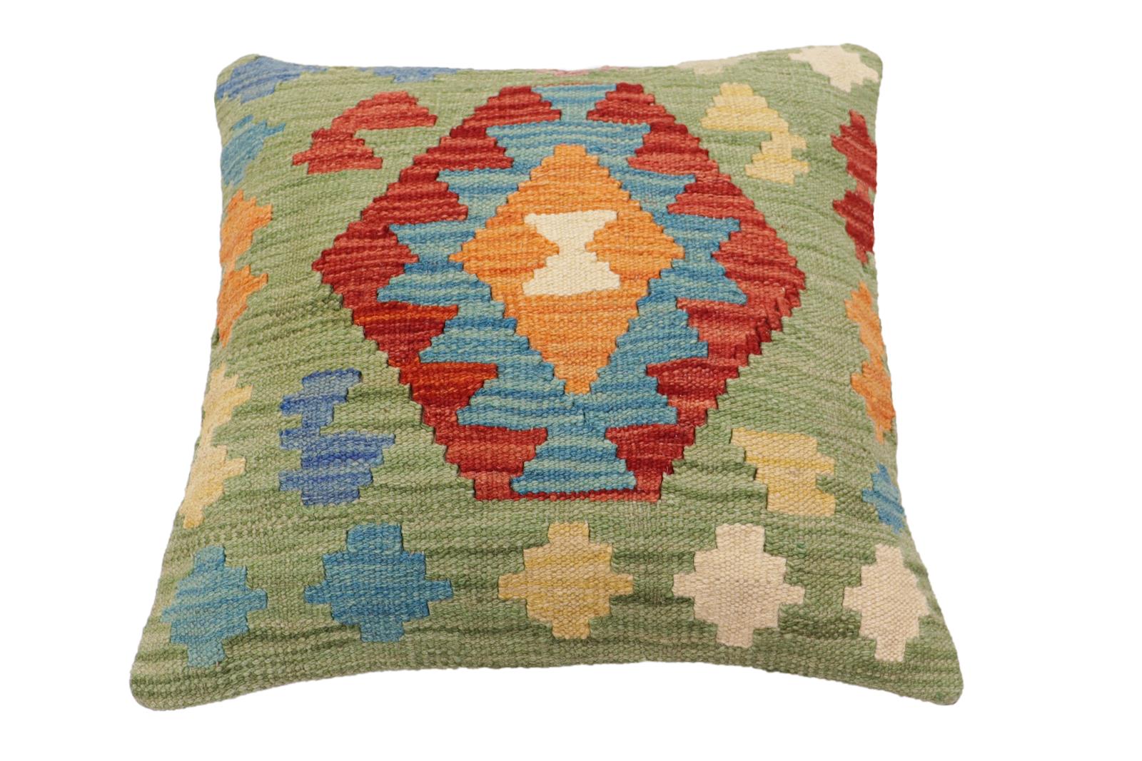 handmade Traditional Pillow Green Red Hand-Woven SQUARE 100% WOOL Hand woven turkish pillow2' x 2'