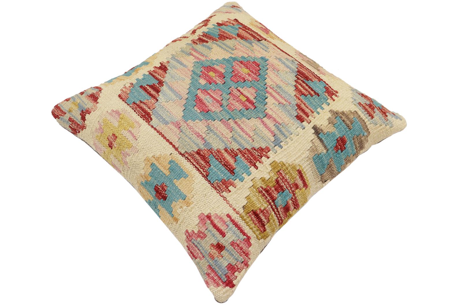 handmade Traditional Pillow Beige Blue Hand-Woven SQUARE 100% WOOL Hand woven turkish pillow2' x 2'