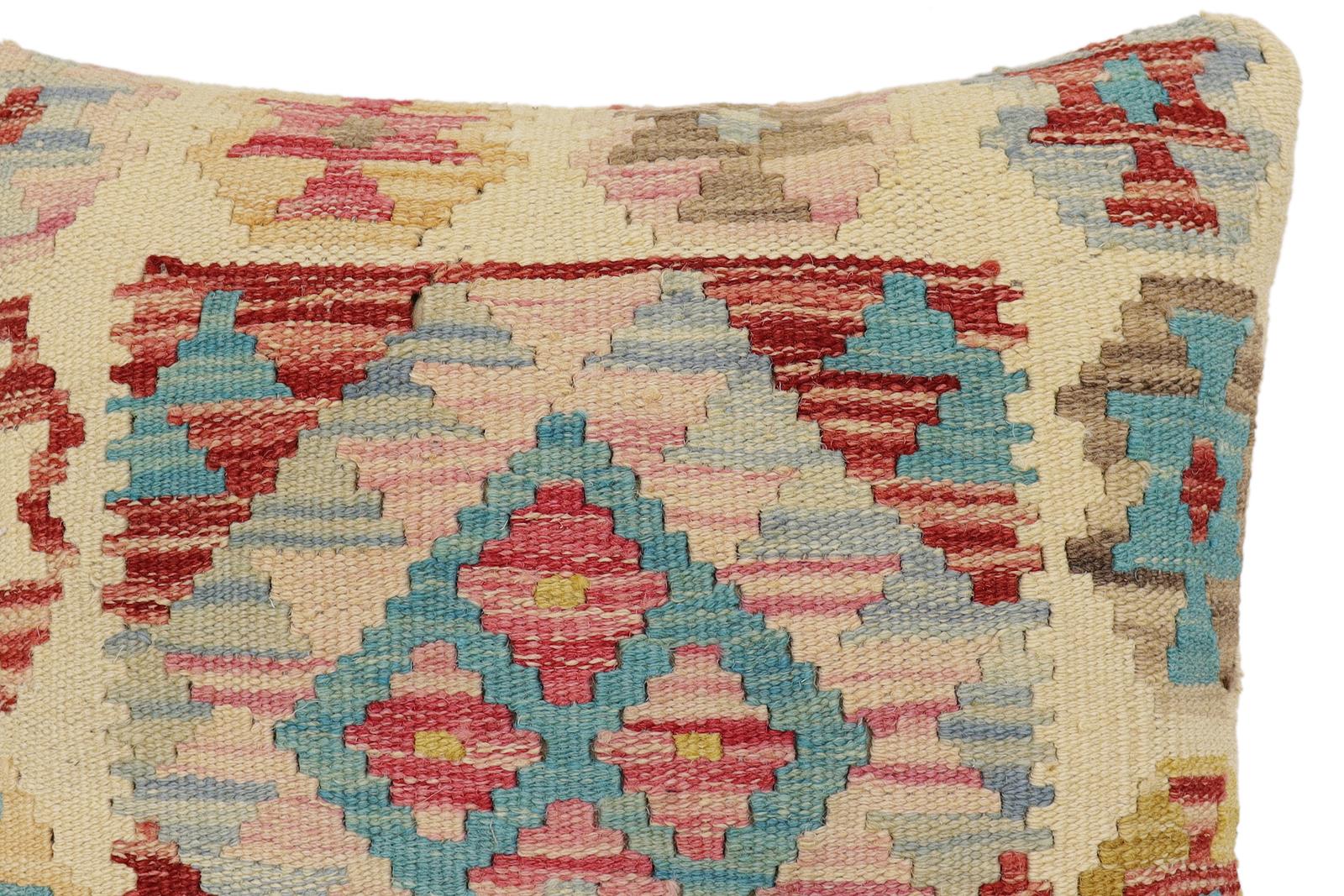 handmade Traditional Pillow Beige Blue Hand-Woven SQUARE 100% WOOL Hand woven turkish pillow2' x 2'