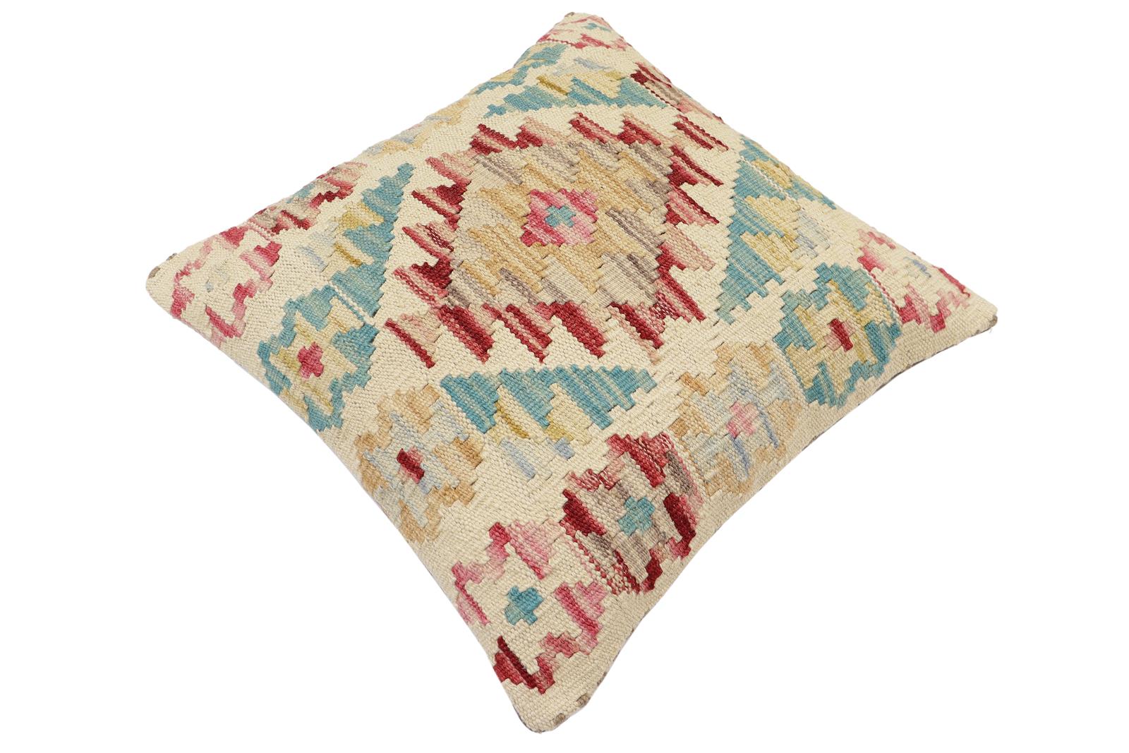 handmade Traditional Pillow Beige Red Hand-Woven SQUARE 100% WOOL Hand woven turkish pillow2' x 2'