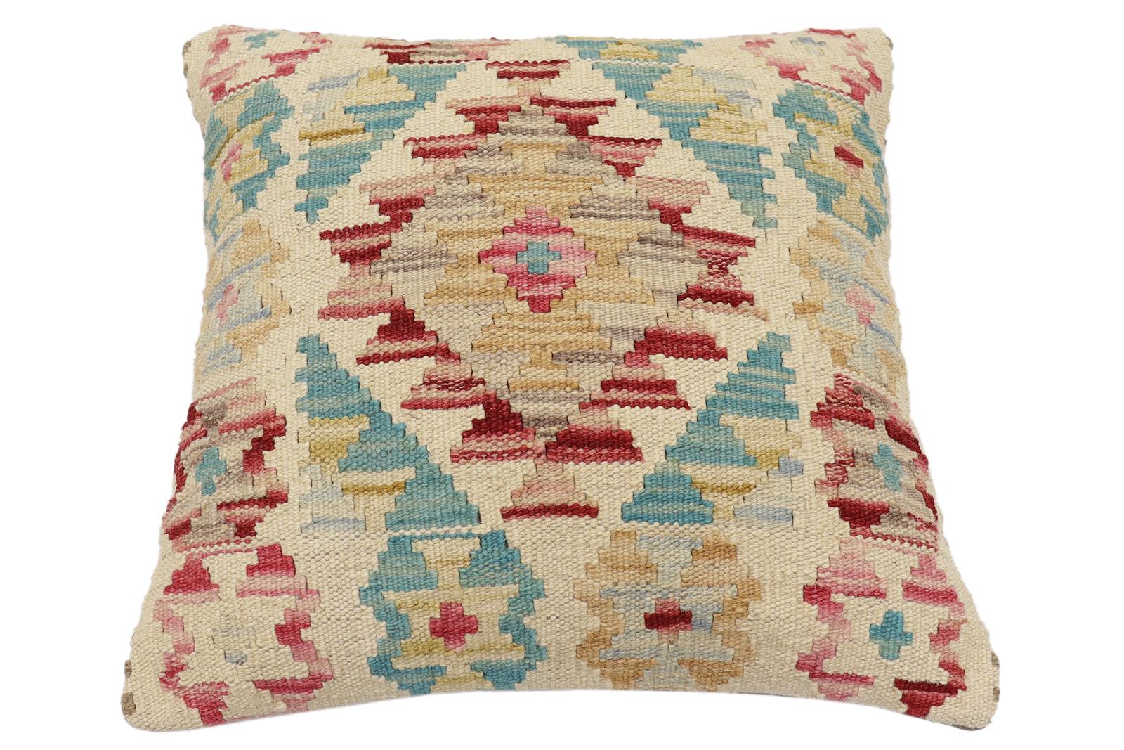 handmade Traditional Pillow Beige Red Hand-Woven SQUARE 100% WOOL Hand woven turkish pillow2' x 2'