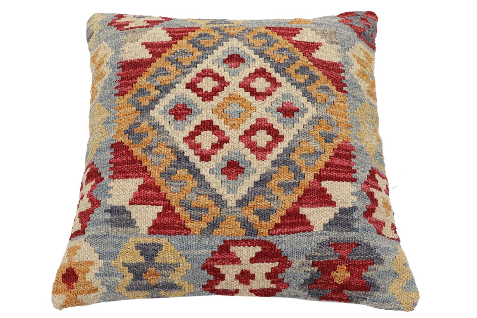handmade Traditional Pillow Blue Red Hand-Woven SQUARE 100% WOOL Hand woven turkish pillow2' x 2'