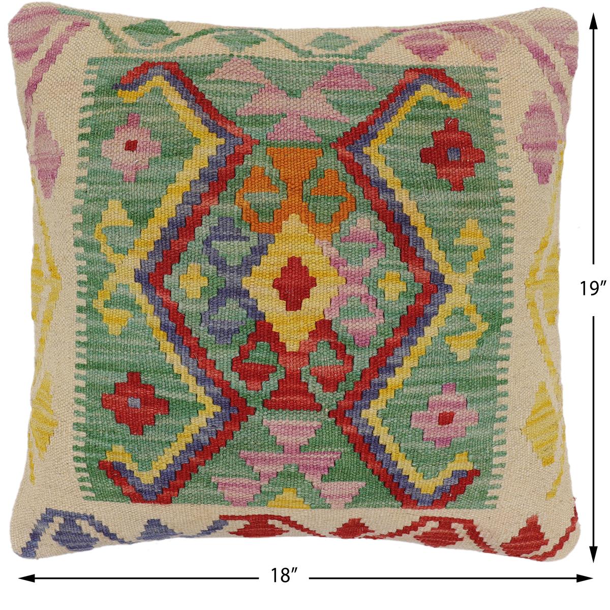 handmade Traditional Pillow Green Beige Hand-Woven SQUARE 100% WOOL  Hand woven turkish pillow  2 x 2