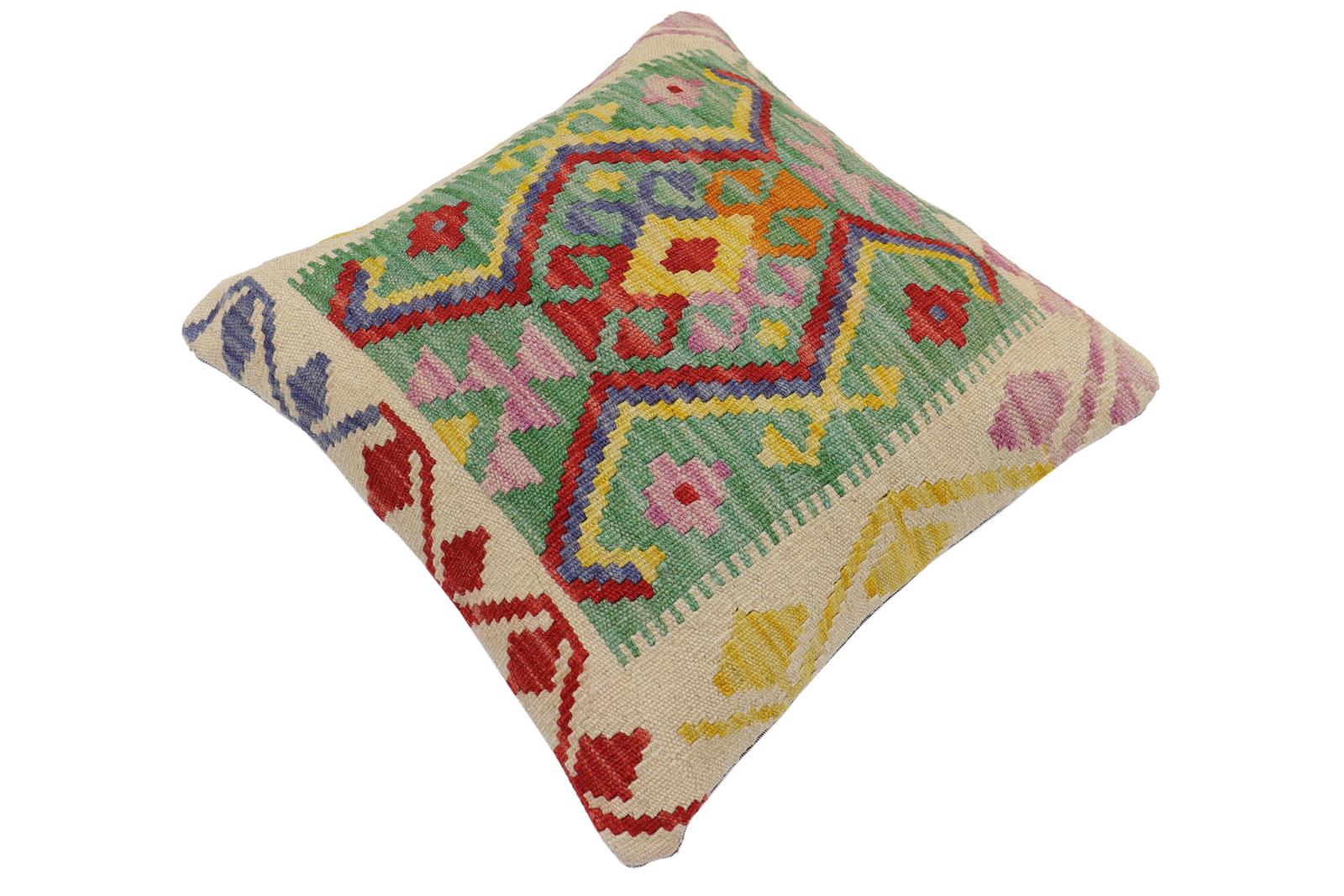 handmade Traditional Pillow Green Beige Hand-Woven SQUARE 100% WOOL  Hand woven turkish pillow  2 x 2