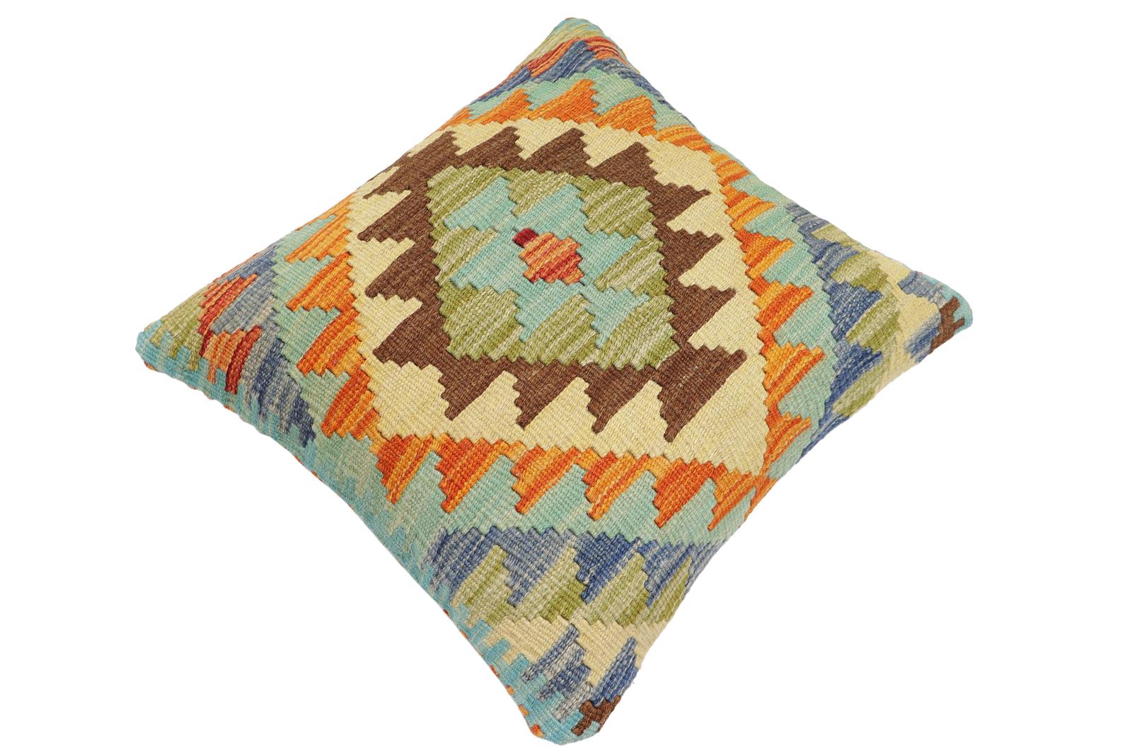 handmade Traditional Pillow Rust Blue Hand-Woven SQUARE 100% WOOL  Hand woven turkish pillow  2 x 2