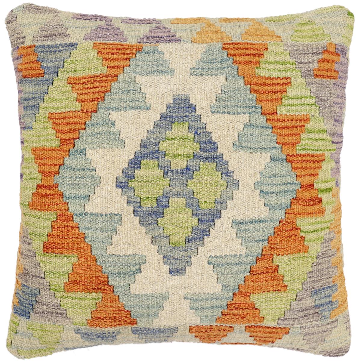 handmade Traditional Pillow Blue Rust Hand-Woven SQUARE 100% WOOL  Hand woven turkish pillow  2 x 2