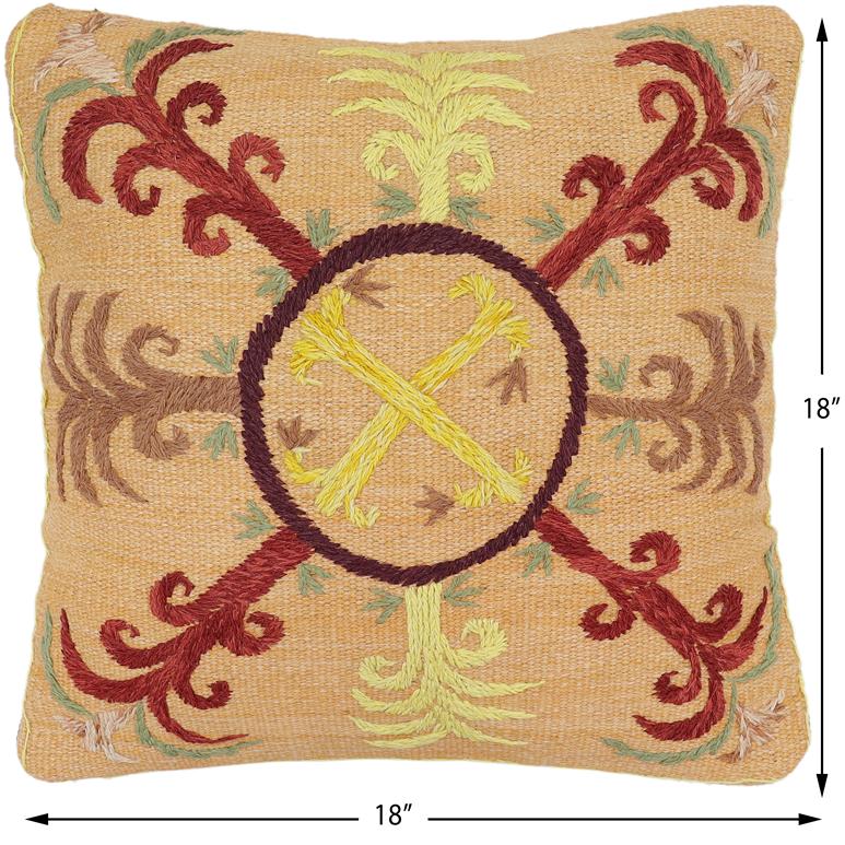 handmade Traditional Pillow Orange Red Hand-Woven SQUARE 100% WOOL Handmade pillow
