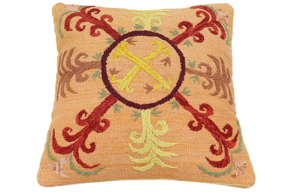 handmade Traditional Pillow Orange Red Hand-Woven SQUARE 100% WOOL Handmade pillow