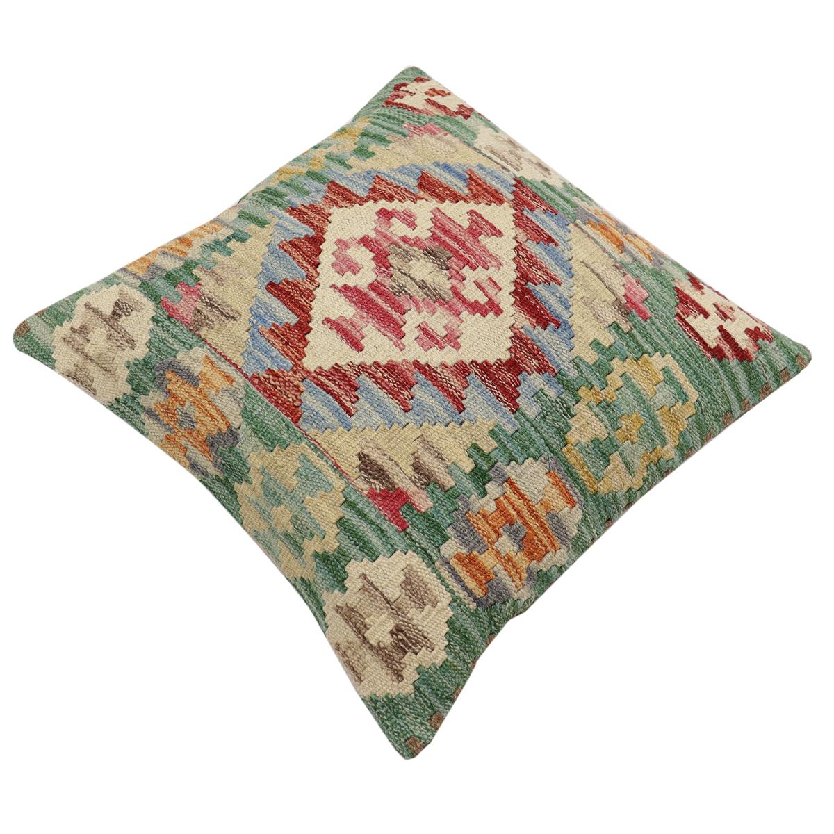 handmade Traditional Pillow Green Beige Hand-Woven SQUARE 100% WOOL Hand woven turkish pillow2' x 2'