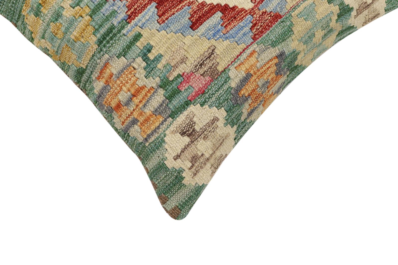 handmade Traditional Pillow Green Beige Hand-Woven SQUARE 100% WOOL Hand woven turkish pillow2' x 2'