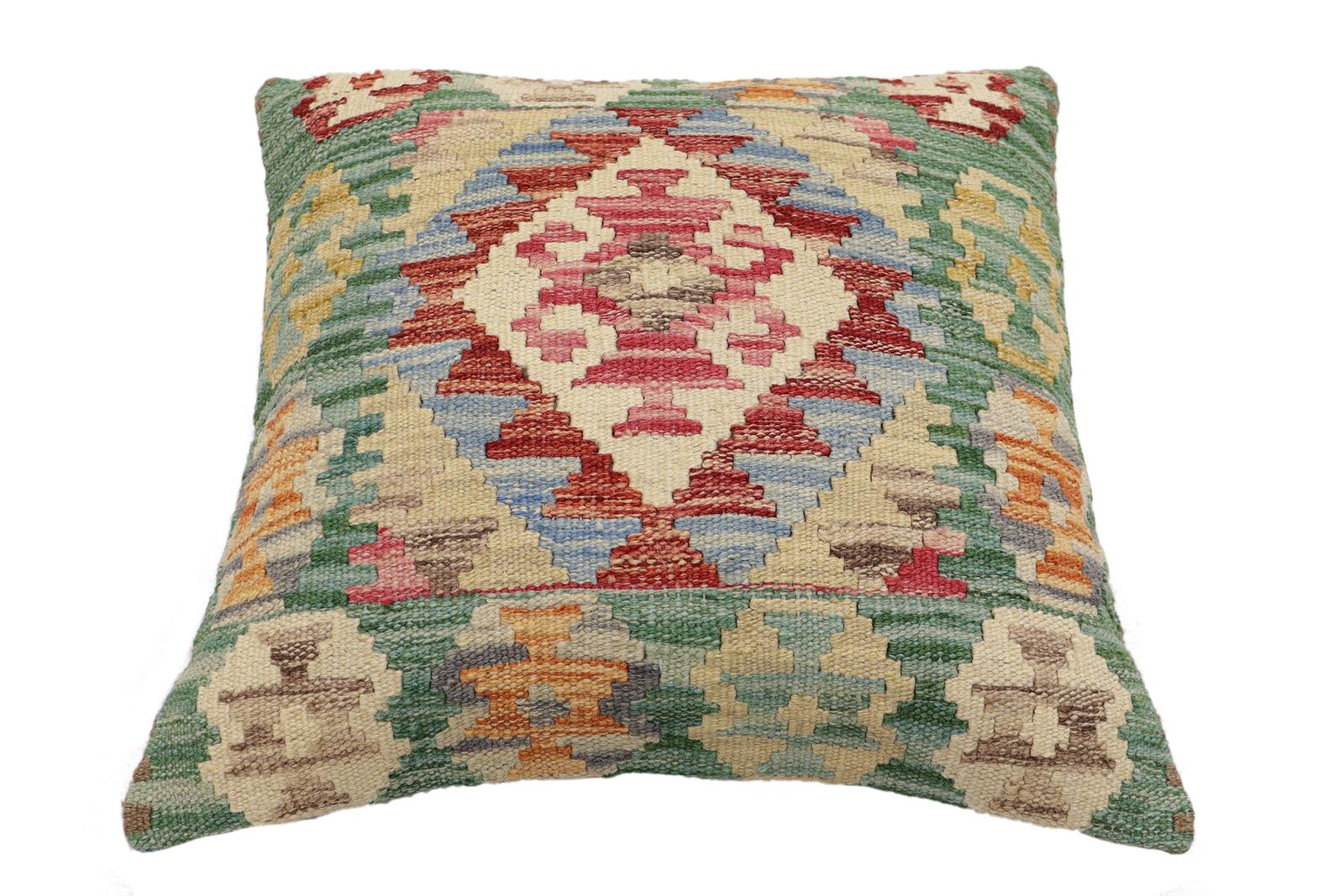 handmade Traditional Pillow Green Beige Hand-Woven SQUARE 100% WOOL Hand woven turkish pillow2' x 2'