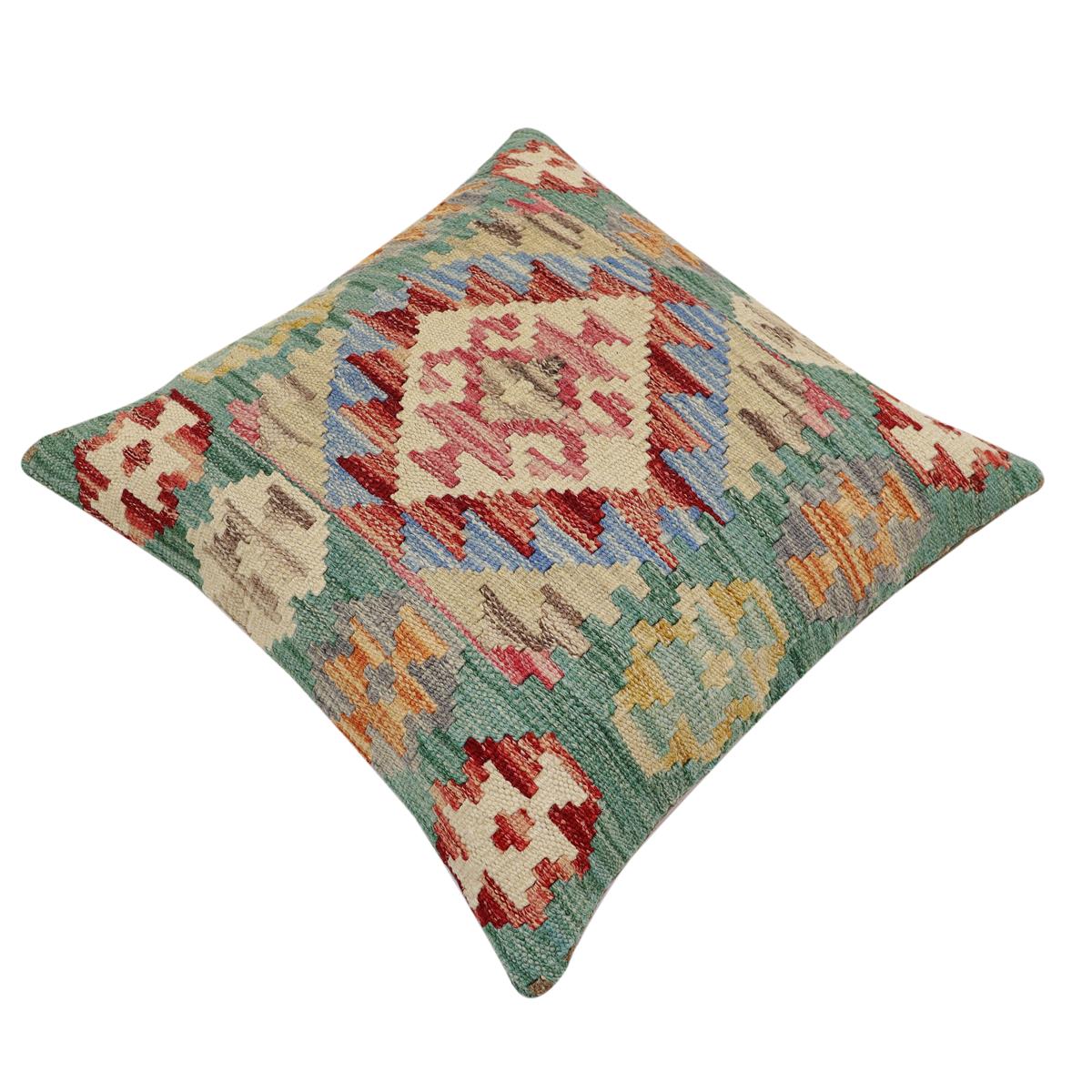 handmade Traditional Pillow Green Beige Hand-Woven SQUARE 100% WOOL Hand woven turkish pillow2' x 2'