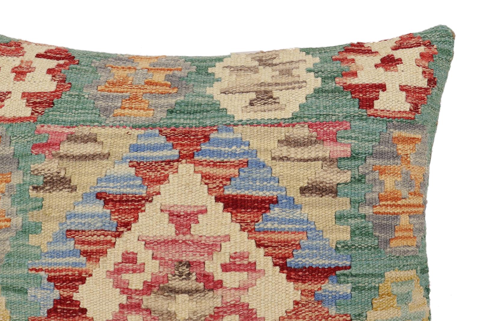 handmade Traditional Pillow Green Beige Hand-Woven SQUARE 100% WOOL Hand woven turkish pillow2' x 2'