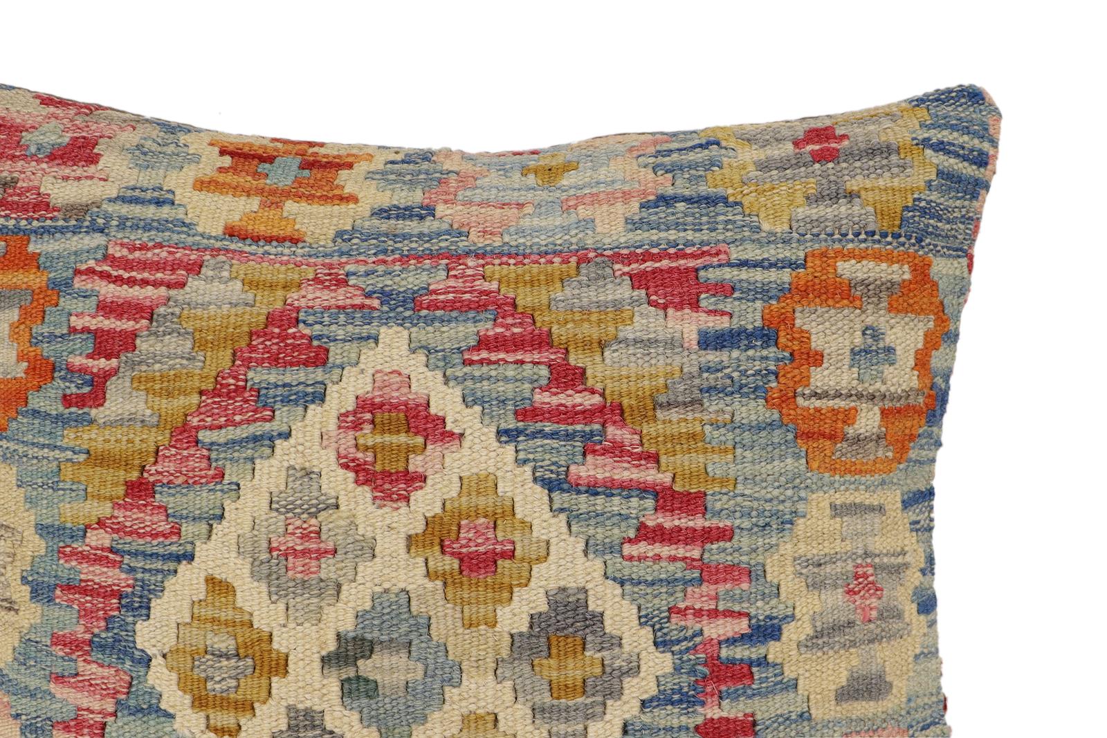 handmade Traditional Pillow Blue Beige Hand-Woven SQUARE 100% WOOL Hand woven turkish pillow2' x 2'