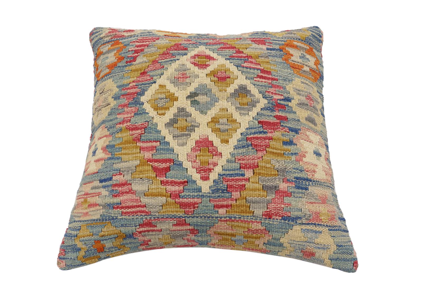 handmade Traditional Pillow Blue Beige Hand-Woven SQUARE 100% WOOL Hand woven turkish pillow2' x 2'