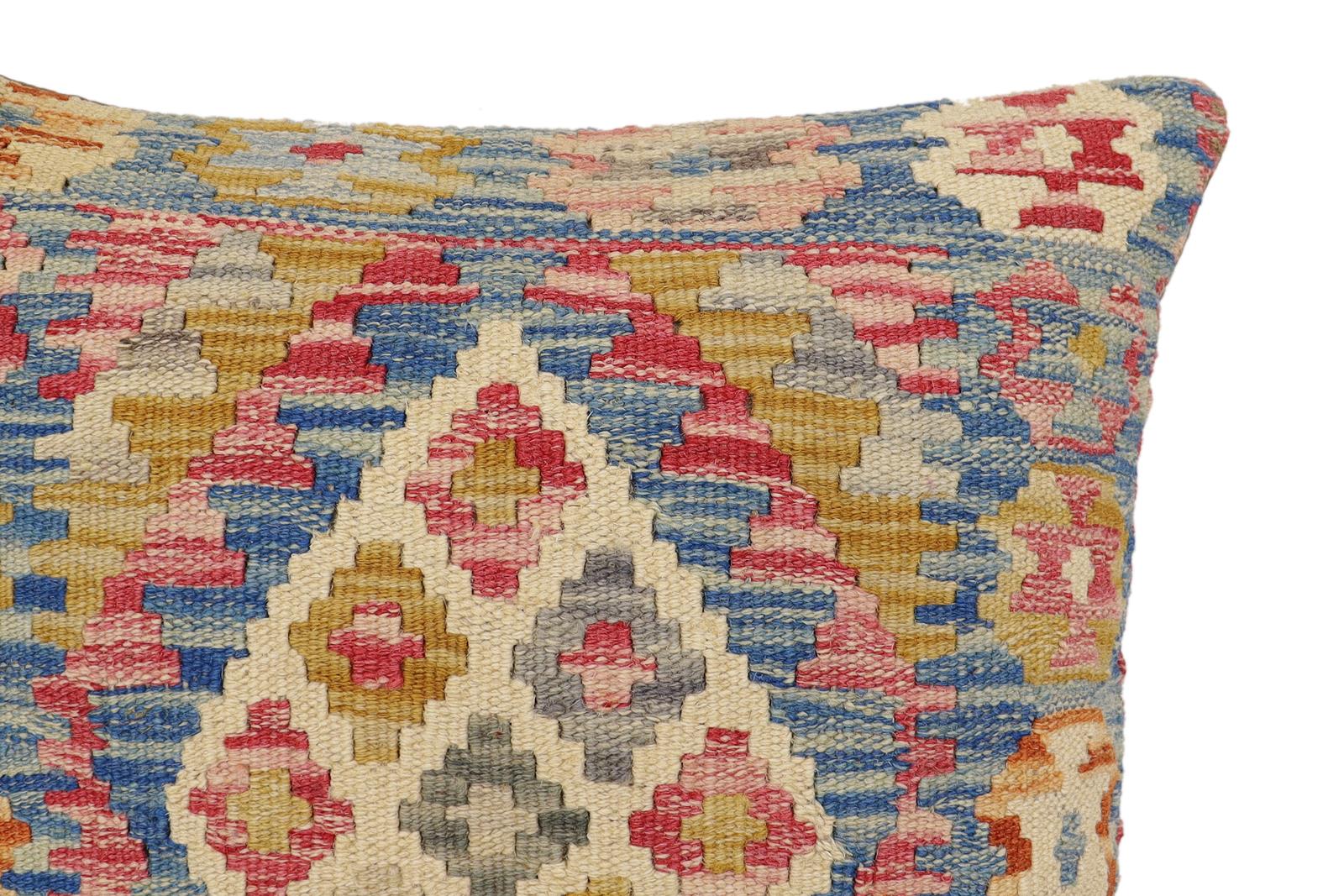 handmade Traditional Pillow Blue Beige Hand-Woven SQUARE 100% WOOL Hand woven turkish pillow2' x 2'