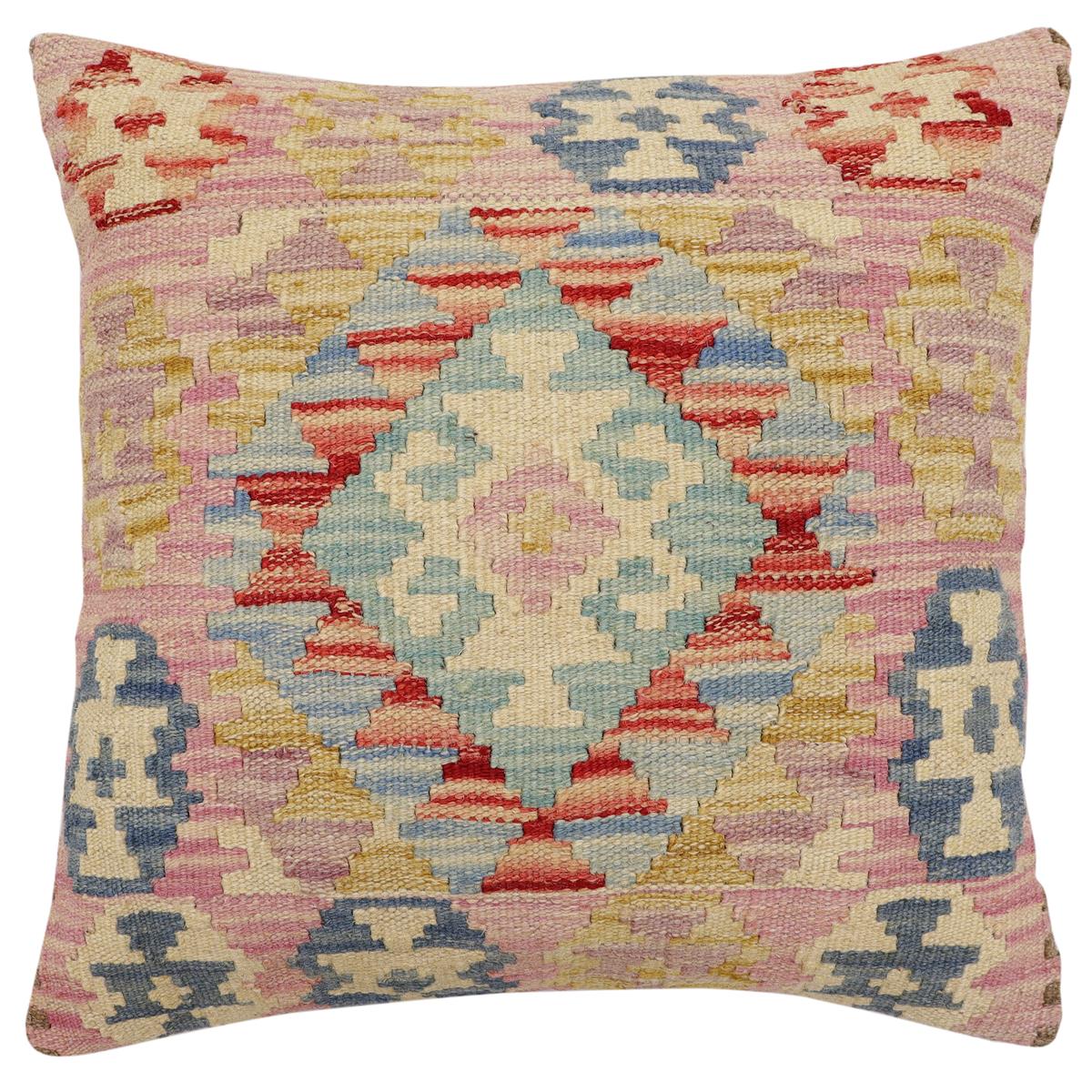 handmade Traditional Pillow Blue Beige Hand-Woven SQUARE 100% WOOL Hand woven turkish pillow2' x 2'