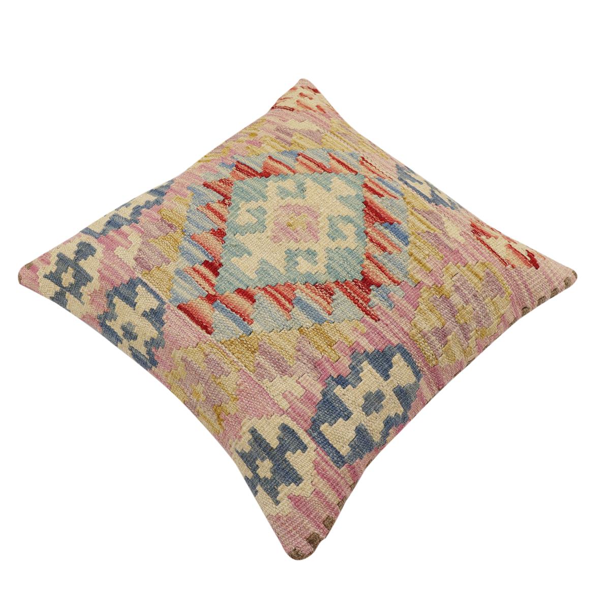 handmade Traditional Pillow Blue Beige Hand-Woven SQUARE 100% WOOL Hand woven turkish pillow2' x 2'