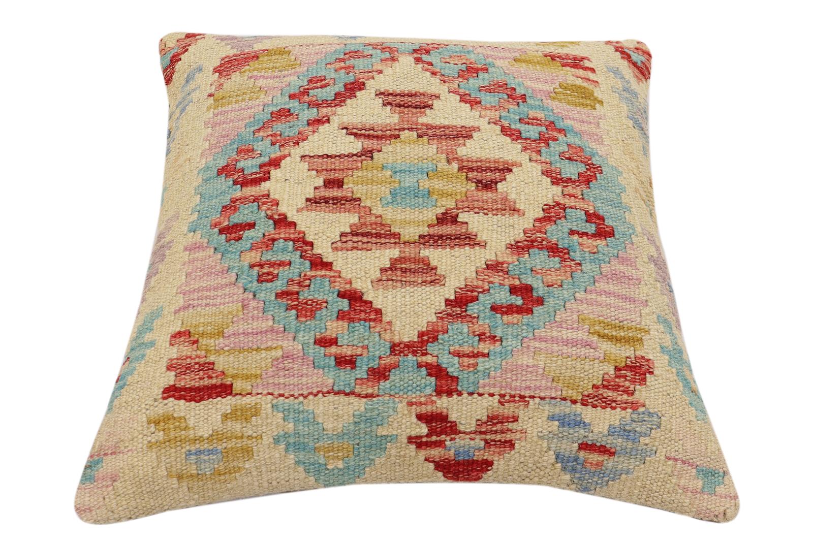 handmade Traditional Pillow Beige Blue Hand-Woven SQUARE 100% WOOL Hand woven turkish pillow2' x 2'