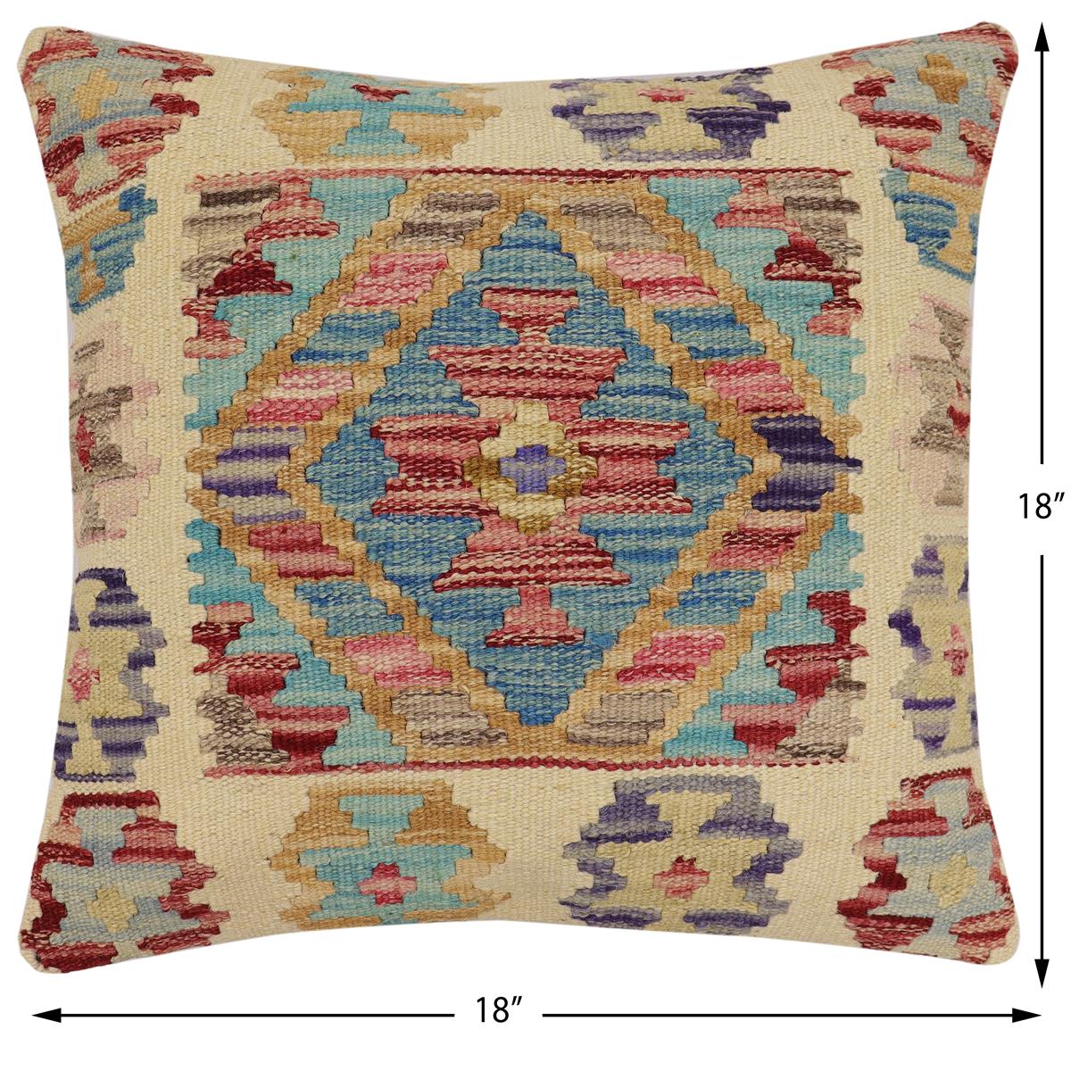 handmade Traditional Pillow Beige Blue Hand-Woven SQUARE 100% WOOL Hand woven turkish pillow2' x 2'
