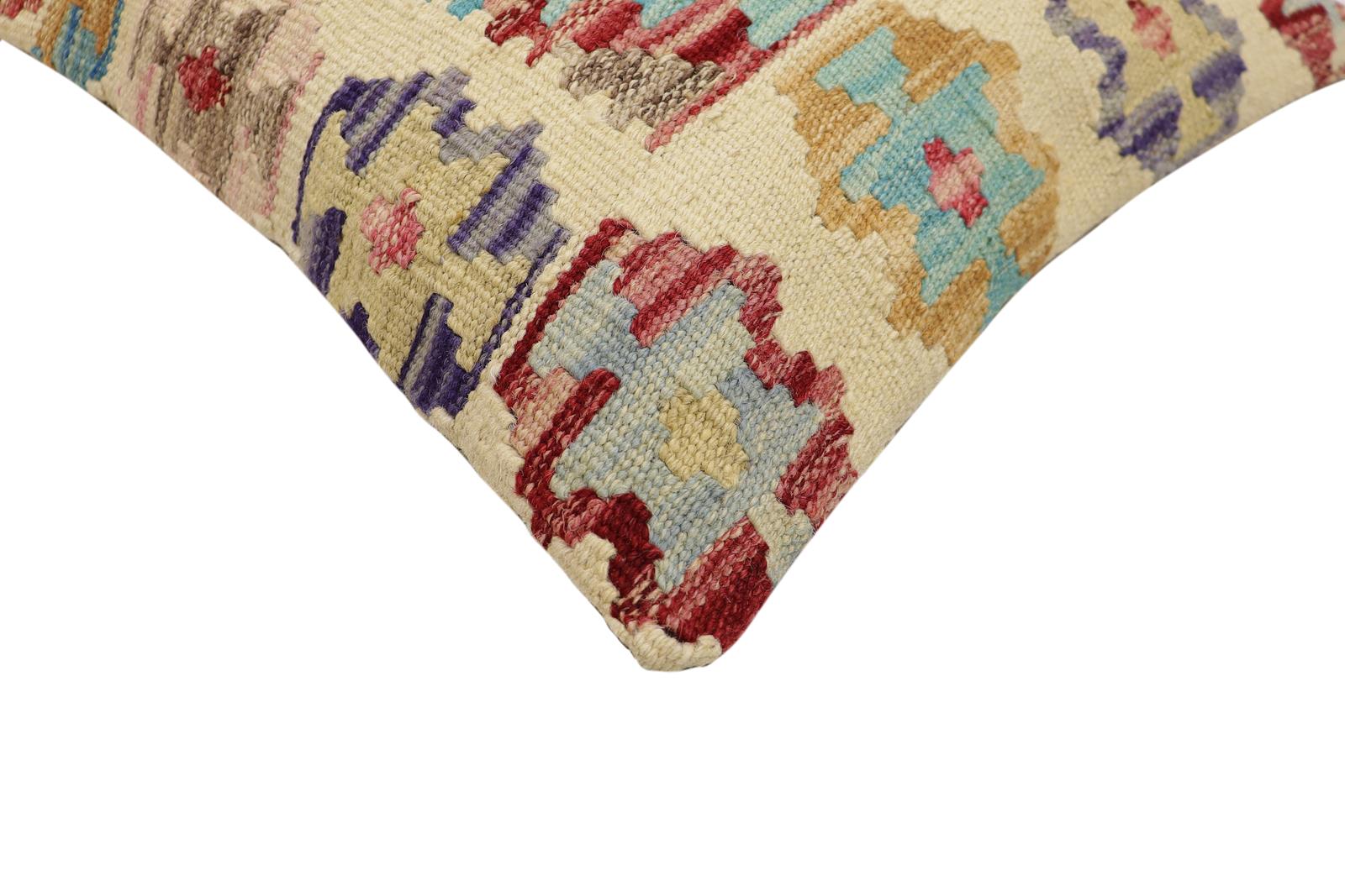 handmade Traditional Pillow Beige Blue Hand-Woven SQUARE 100% WOOL Hand woven turkish pillow2' x 2'