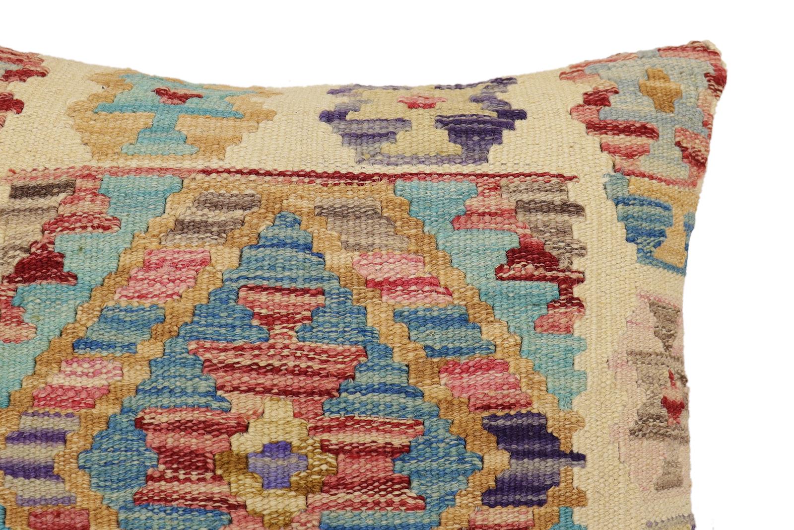 handmade Traditional Pillow Beige Blue Hand-Woven SQUARE 100% WOOL Hand woven turkish pillow2' x 2'