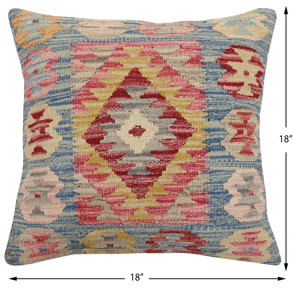 handmade Traditional Pillow Blue Gold Hand-Woven SQUARE 100% WOOL Hand woven turkish pillow2' x 2'