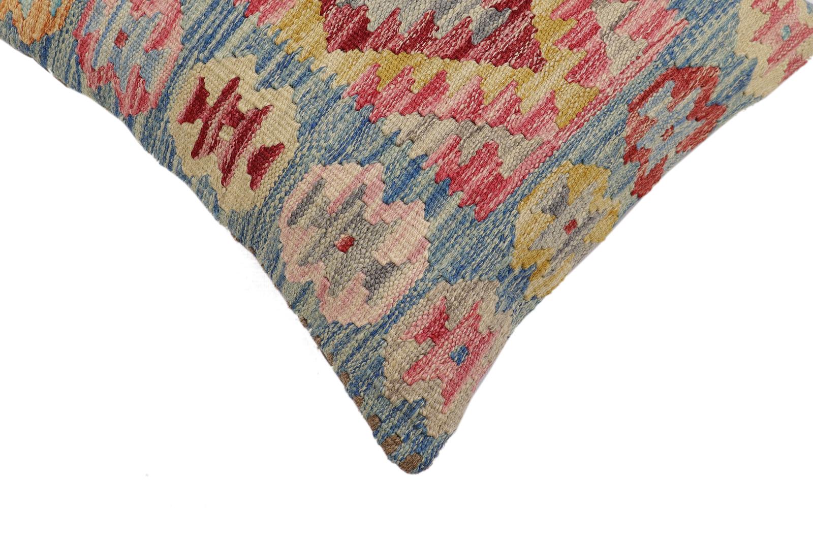 handmade Traditional Pillow Blue Gold Hand-Woven SQUARE 100% WOOL Hand woven turkish pillow2' x 2'